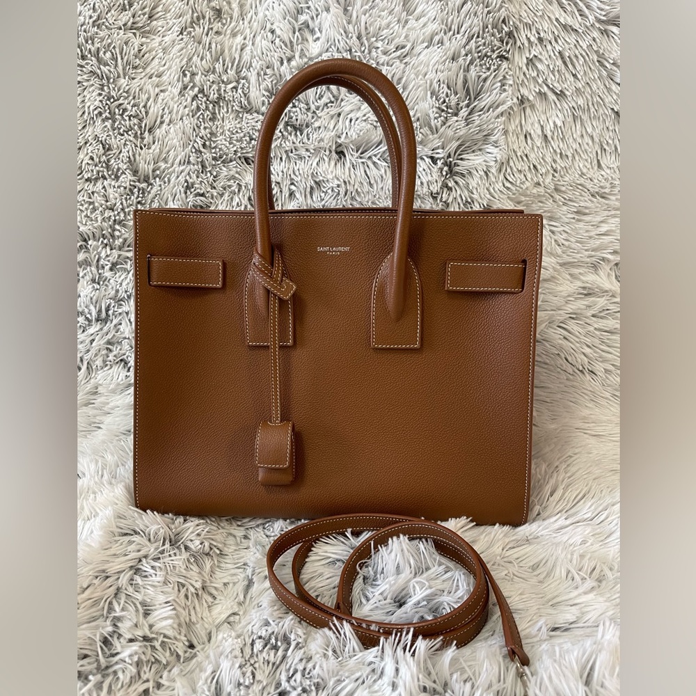 Sac de Jour W/White Stitching Cognac Brown Leather Satchel